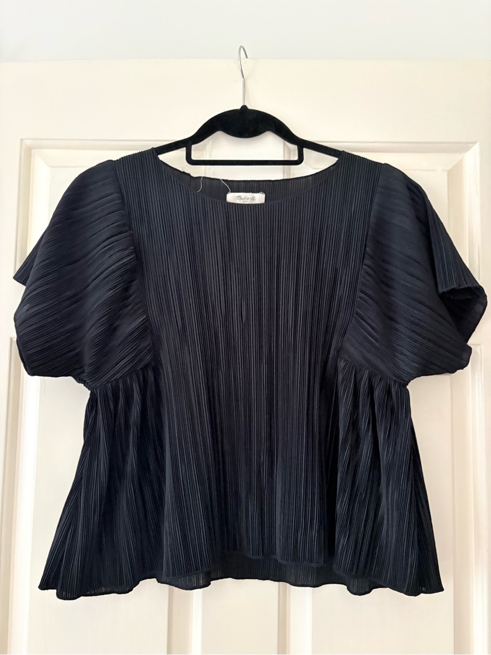 Madewell Black Pleated Puff-Sleeve Blouse